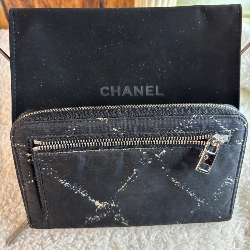 Chanel in a Black Velvet Tweed Wallet Pouch Zip Around